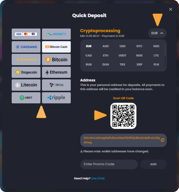 How to Deposit with Bitcoin Cash (BCH) on Bitkingz Casino Step 2 Deposit Crypto